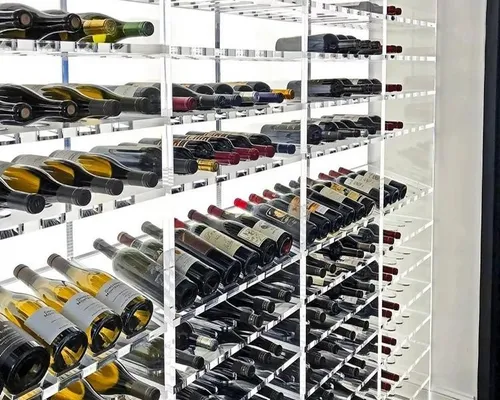 Weinschrank für stilvolle Weinlagerung - Modernes Weinregal mit über 6 Fächern, ideal für Esszimmer, Küche oder Wohnzimmer. Aus transparentem Acryl gefertigt, bietet es Platz für bis zu 100 cm Flaschen und sorgt für eine ansprechende Präsentation.