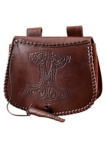 Battle-Merchant Mittelalter Gürteltasche mit Thorshammer Prägung - Gürteltasche aus hochwertigem Rinderleder, ideal für Festivals und Mittelaltermärkte. Mit Mjölnir-Prägung und sicheren Gürtellaschen für praktischen Tragekomfort.