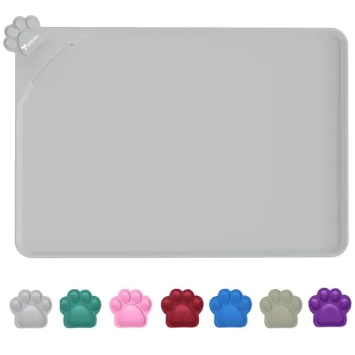 YUNTRAV Napfunterlage Hunde und Futtermatte Katzen 48 x 30cm (GRAU) | Silikonmatte, rutschfeste Tierfuttermatte, wasserdichte Hunde- und Katzenplatzmatten mit erhöhten Rändern