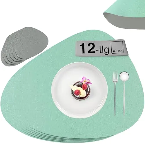 SÄNGER | Untersetzer & Platzsets abwaschbar aus Kunstleder 12 teilig, Platzdeckchen Tischuntersetzer für 6 Personen-rutschfest doppelseitig wasserdicht- Tischset Untersetzer Grau Mintgrün 44 * 37cm