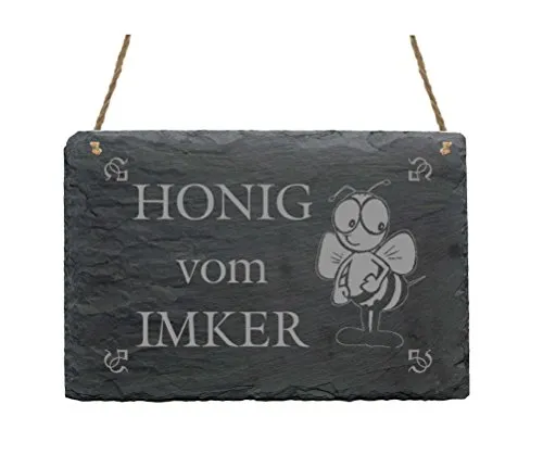 Schiefertafel HONIG VOM IMKER - Schild mit Motiv lustige Biene - ca. 22 x 16 cm