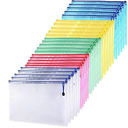 Dokumententasche A4-25 Stück Reißverschlusstasche Kunststoff Zip Zip,25 Transparente Dokumentenmappen,5 Farben,Wasserdichte Dokumententaschen für Akten,Papier, Kosmetika und Reiseutensilien