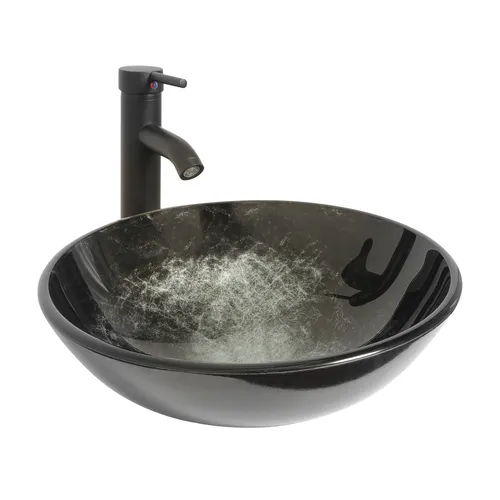 Puluomis Aufsatzwaschbecken Set mit Wasserhahn und Ablaufgarnitur - Waschbecken aus hochwertigem gehärteten Glas, handgezeichnetes Design in Braun und Schwarz, ideal für modernes Badezimmer oder Küche.