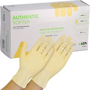 Ulith Einmalhandschuhe Authentic Softer, natur, 100 Stück, Latex, chemikalienbeständig, lebensmittelecht, Größe M