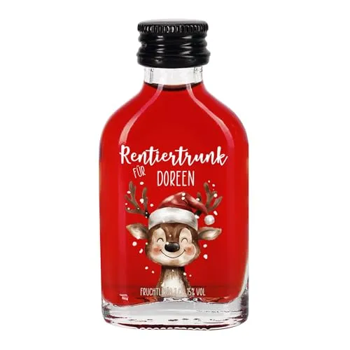 Herz & Heim® Personalisierter Schnaps zu Weihnachten – Mini-Flasche Likör zu Weihnachten – 2 cl Fruchtlikör oder Kräuterlikör – Rentier-Motiv mit Name – Mitbringsel & Geschenkidee (Fruchtlikör)