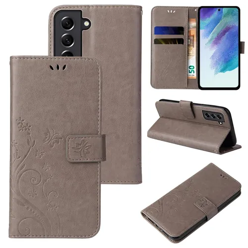 Handy Tasche für Samsung Galaxy S21 FE & S21 FE 5G Handyhülle Blumen Buch Grau