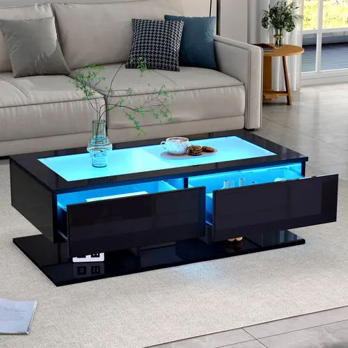 MODFU Hochglanz-Couchtisch mit LED,Wohnzimmertisch Schwarz Sofatisch mit 2 Schubladen,Kaffeetisch mit Glasplatte