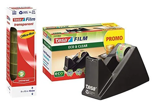 tesa Easy Cut® Tischabroller Economy ecoLogo®, inkl. 1 Rolle tesafilm® / Büro-Spar-Set (1x Abroller + 8 Rollen extra)