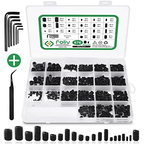 Foliv 676 Stück Madenschrauben Sortiment Set M2 M3 M4 M5 M6 M8 Madenschrauben/Innensechskant Gewindestifte DIN 913,Sechskantkopf Schrauben mit Schraubenschlüssel für Türgriff, Türklinke, Halterung