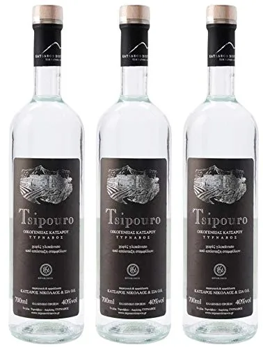 Tsipouro Tirnavos ohne Anis 3x 0,7l | Griechischer Tresterbrand | 100% Destillat | Katsaros Distillery seit 1856 | + 20ml Jassas Olivenöl