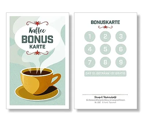 Frank Paperman 200x Bonuskarten für Kaffee - Stempelkarte im Visitenkartenformat mit 10 Feldern zum Abstempeln, ideal für Cafés und Restaurants. Hergestellt aus 300 g/m² Recyclingpapier, Blauer Engel zertifiziert.