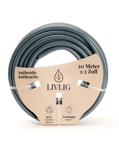 LIVLIG Gartenschlauch 1/2 Zoll - Eleganter und nachhaltiger Wasserschlauch - Gartenschlauch aus 60% recyceltem PVC in modernem Anthrazitgrau, ideal für stilvolle Gärten. Hergestellt in Deutschland, langlebig und umweltbewusst.