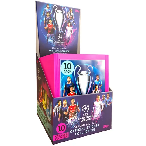 TOPPS Champions League 2021/22 Sticker Display - OVP Sammelsticker Displays mit 50 ungeöffneten Tüten, ideal für Fußballfans und Sammler der UEFA Champions League 2021/22.