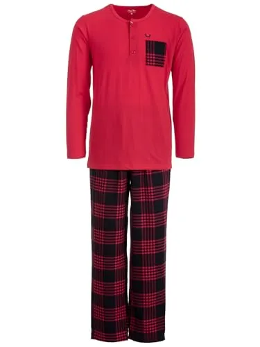 Henry Terre Herren Pyjama Carlo – Karo Muster Langarm Schlafanzug in Bordeaux, Größen M-3XL