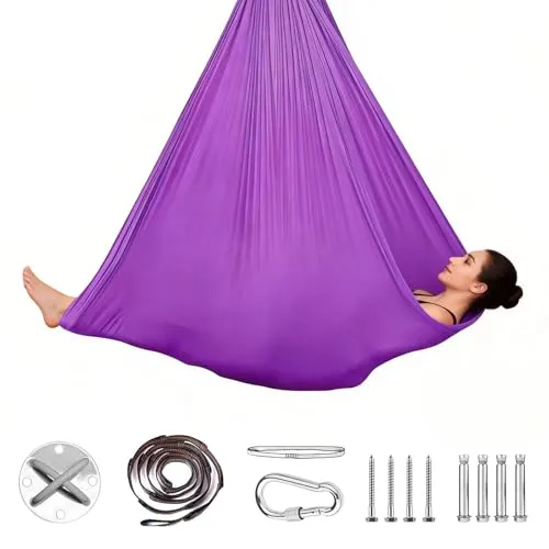 Aerial Yoga Hhängematte, 2-in-1 Yoga Hängematte & Swing, max. 200 kg, 1.5x2.8m, Aerial Yogatuch inkl. Montagezubehör (Hellviolett)