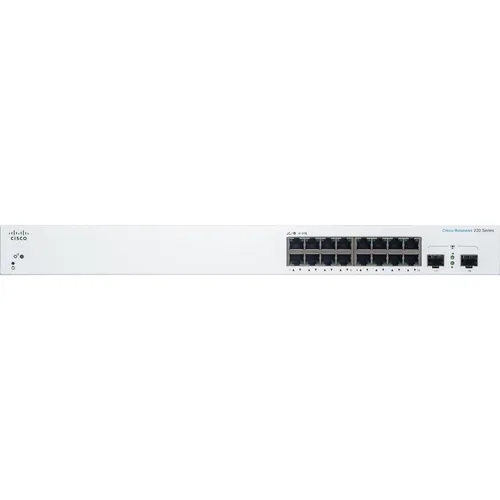 Cisco Switch Business 220-Series 18-Port 1GbE - Smart Managed L2 Switch mit 16x 1GbE und 2x 1GbE SFP, ideal für wachsende Unternehmen mit hohem Netzwerkbedarf.