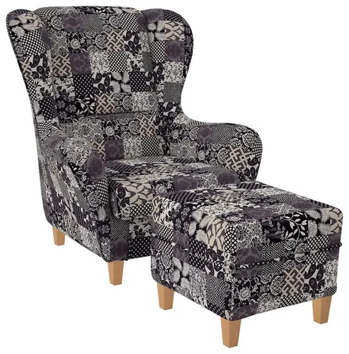 Produktbild Supellex Ohrensessel Sofia Relaxsessel mit Hocker – Flora Dunkelgrau Beige gemustert