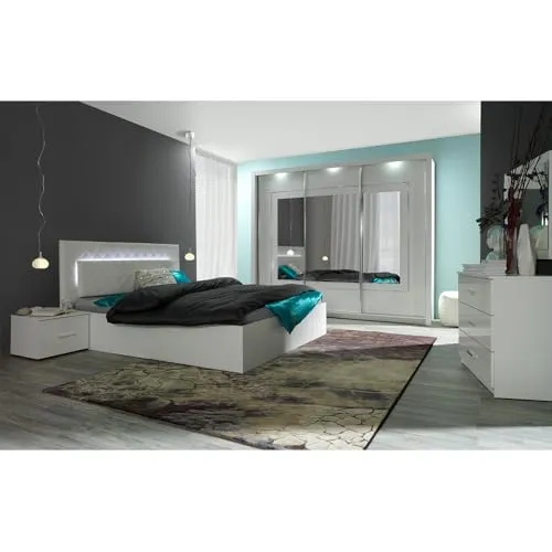 Lomadox Schlafzimmer Set 5-teilig mit Bett 180x200cm, 2 Nachttische, Schwebetürenschrank 258cm, Kommode in weiß Hochglanz