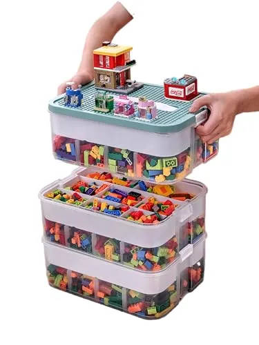 Kinder Aufbewahrungsbox mit Deckel Bausteine Boxen Aufbewahrung Spielzeugkiste Kinderzimmer Kinderbox 3 Stufen Stapelboxen Staubox Ordnungsboxen Transparent Organizer Box Trennbare Kunststoffbox
