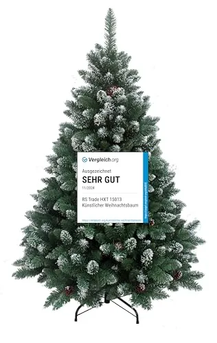 RS Trade HXT 15013 Schneebaum 180 cm - Künstlicher Weihnachtsbaum mit Schnee und Dekozapfen, 1095 Spitzen, schwer entflammbar und allergikerfreundlich, mit schnellem Klappsystem für einfache Montage.