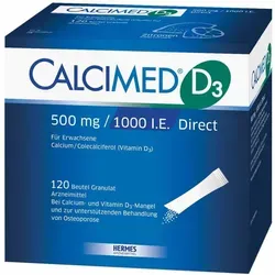 Calcimed D3 500 mg 1000 I.E. Direct - Granulat zur Unterstützung der Knochengesundheit - Arzneimittel zur Prophylaxe von Calcium- und Vitamin-D-Mangel bei älteren Menschen, einfach einzunehmen dank schmelzenden Granulat direkt auf der Zunge.