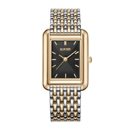BURKER Damenuhr Olivia, Quadratische Damen Armbanduhr Gliederarmband Edelstahl Analog Quarz 3-ATM Wasserdicht - 29 mm - Schwarz Gold Silber