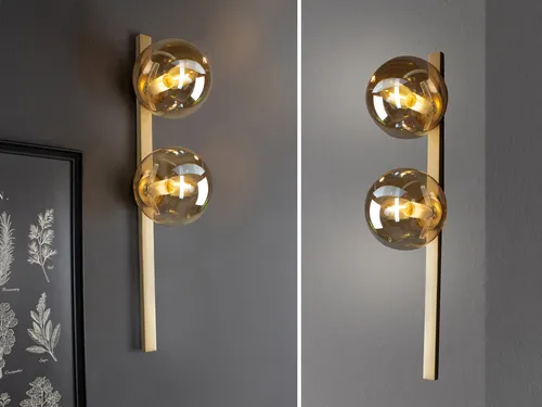 meineWunschleuchte Wandleuchte 2-flammig mit Schalter - Elegante LED Wandlampe aus Messing und mundgeblasenem Rauchglas in Amber, mit Schalter für individuelles Licht und dimmbaren E14 LEDs - ideal für stilvolle Wohnräume.