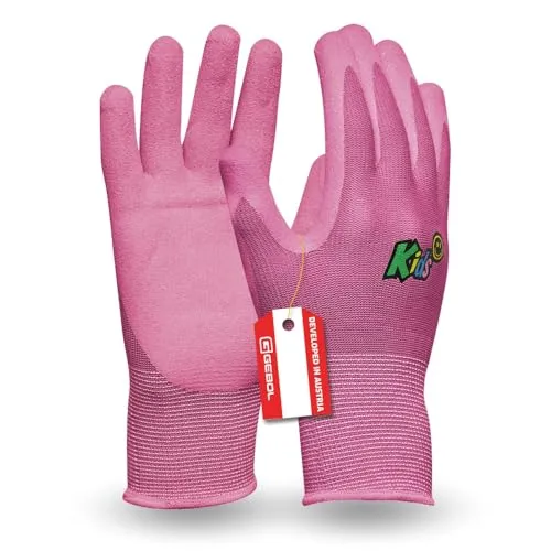 Gebol Kids 1 Paar Gartenhandschuhe für Kinder 5-8 Jahre, atmungsaktive Arbeitshandschuhe mit Nitril-Beschichtung, wasserabweisende & griffsichere Schutzhandschuhe, Gr. XXS (5), Pink