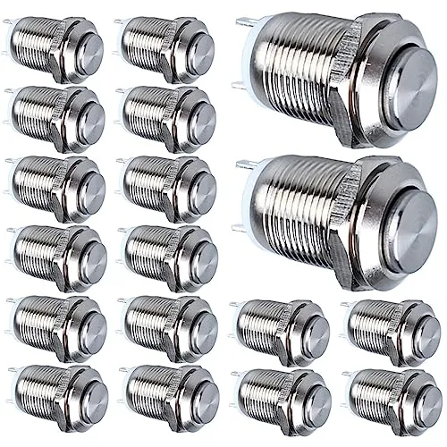 GUUZI 18 Stück 12mm 2A 12V/24V/125V/250V AC Momentan Wasserdichter Drucktaster EIN-Aus Edelstahl Drucktaster (Hoher Kopf)