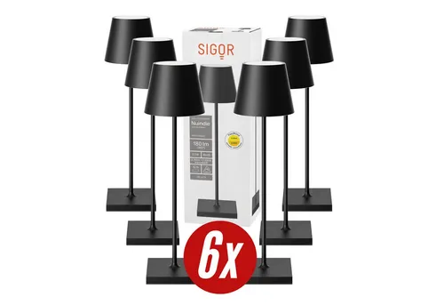 SIGOR LED Tischleuchte Nuindie 6x, Dimmbar & USB-C - Nachttischleuchten - Dimmbare LED Tischlampe für Indoor & Outdoor, IP54 spritzwassergeschützt, 12 Stunden Leuchtdauer, stylish in nachtschwarz.