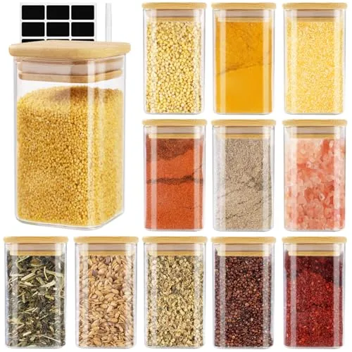 Cinnani 250ml Gewürzgläser Eckig Set luftdicht mit Holzdeckel, 12 Stück Gewürzdosen Glas Gewürzbehälter Spice Jars Set Leere Gewürzflaschen mit Etiketten, Gewürzaufbewahrung für Kräuter & Tee