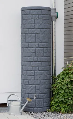 ARVES Regentonne Arcado 460 l – Graue Natursteinoptik - Bewässerung mit 460 l Fassungsvermögen, UV-beständig, rund mit Kindersicherung und Auslauföffnung – ideal für Gartenliebhaber.