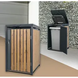 ML-Design Mülltonnenbox 240L Anthrazit Eichenoptik - Stylische Mülltonnenbox für 1 Tonne (240L) aus robustem Stahl mit kratzunempfindlicher Pulverbeschichtung. Mit Zugseilen und Gasdruckfedern für komfortable Handhabung und optimale Luftzirkulation.