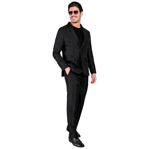 W WIDMANN MILANO Party Anzug Herren - 80er Jahre Kostüm mit Jackett und Hose - Funkelndes 80er Jahre Kostüm für Herren, ideal für Karneval und Festivals. Das Set in Schwarz mit Glitzer sorgt für einen eleganten und auffälligen Auftritt.