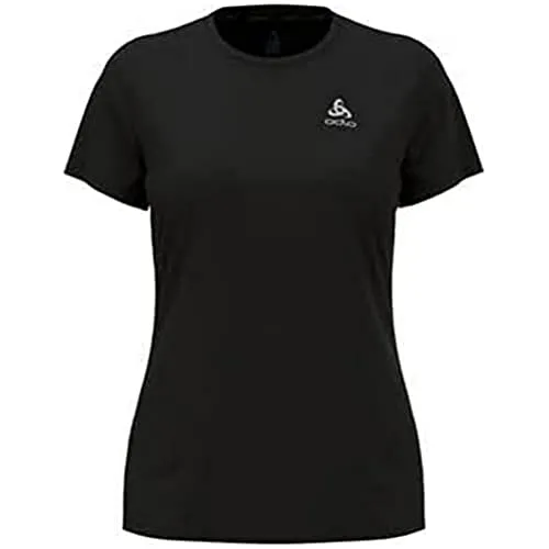 Odlo Damen Essential Flyer Kurzarm Laufshirt, Schwarz, XL EU - Damen Laufshirt aus 67% recyceltem Polyester, bietet hervorragendes Feuchtigkeitsmanagement und hohen Tragekomfort mit reflektierenden Details für mehr Sicherheit beim Laufen.