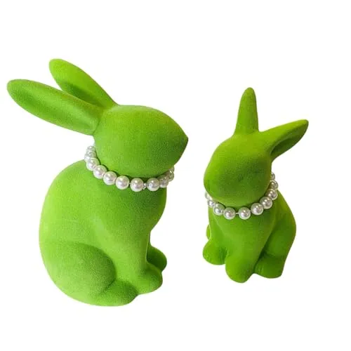 MACOSA WV559_x2 Osterhase mit Perlenkette 2er Set beflockt Grün Steingut Dekohase Hase Skulptur Oster-Deko Osterdekoration Figur Dekohase Dekofigur Tischdeko (Grün)