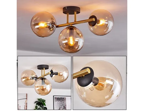 hofstein Deckenleuchte Deckenlampe aus Metall/Glas in Schwarz/Gold-/Bernsteinfarben, ohne Leuchtmittel, Leuchte im Retro/Vintage-Design mit Glasschirm (15 cm), 3 x E14
