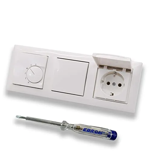 Halmburger UP Raumthermostat Raumtemperaturregler RTR-5510rg in Busch Jäger Balance SI alpinweiß Rahmen + Taster 2020 US + Klappsteckdose + EBROM Phasenprüfer z. Montage der Geräte RTR-5510