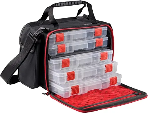 Abu Garcia Lure Angeltasche - Lockmittel mit 5 Tackle Boxen für optimale Aufbewahrung von Angeln und Zubehör. Ideal für Hecht-, Barsch- und Zanderangeln, mit verstellbarem Schultergurt und wasserdichtem Boden.