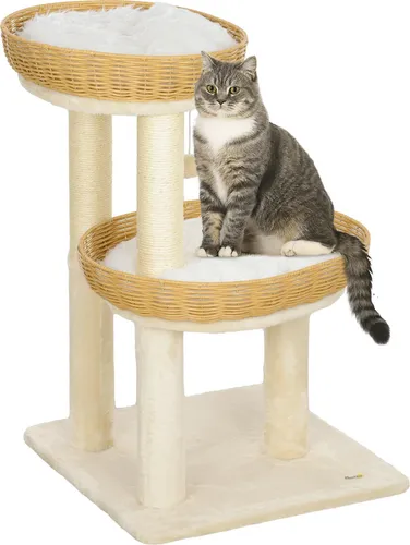 PawHut Katzenbaum mit Rattanbetten, 75,5 cm hoch, Beige