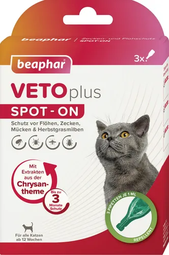 beaphar Zecken-und Flohschutz Katzen SPOT-ON (3 Pip,/ 1 ml) VETO Plus+ 1 Snack