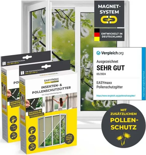 EASYmaxx Insektenschutz-Fensterrahmen Insect Protect (2-St) - Fliegengitter für effektiven Schutz vor Insekten und Pollen, einfache Montage ohne Bohren und Werkzeug, ideal für Allergiker und frische Luft im Sommer.