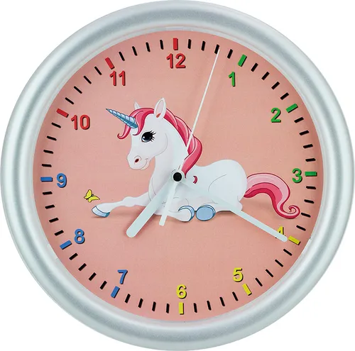 Kinderwanduhr – Einhorn-Motiv – ABS-Gehäuse – Plastikglas – GERÄUSCHLOS – Für MÄDCHEN geeignet – Gehäuse-Ø: 25 cm