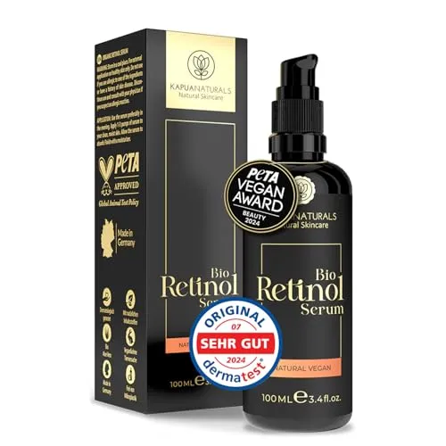 BIO Retinol Serum hochdosiert 100ml - Gesichtsserum mit 5-Fach-Komplex aus Retinol, Hyaluron & Vitamin C für strahlende, reine Haut. Vegan, BIO und hochwirksam – ideal gegen Hautalterung.