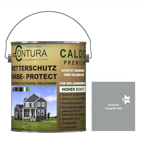 Contura Wetterschutzfarbe 500ml. Holz Dauerschutzfarbe Deckend Buntlack Holzfarbe Holzlasur Seidenmatt (Aluminium - RAL 9006 Metallic)
