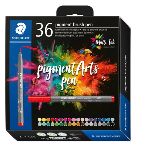 STAEDTLER Brush Pen Pigment Arts - 36 Premium-Zeichentusche - Schreibutensilien: Hochwertige brush pens mit wasserfester, schnelltrocknender Tinte für kreative Techniken und brillante Farbvielfalt im praktischen Kartonetui.
