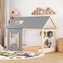 Kinderbett mit Lattenrost, 90x200 cm, Einzelbett, Hausbett inkl. Rausfallschutz, Jugendbett, Kiefer - Grau/Naturbelassen