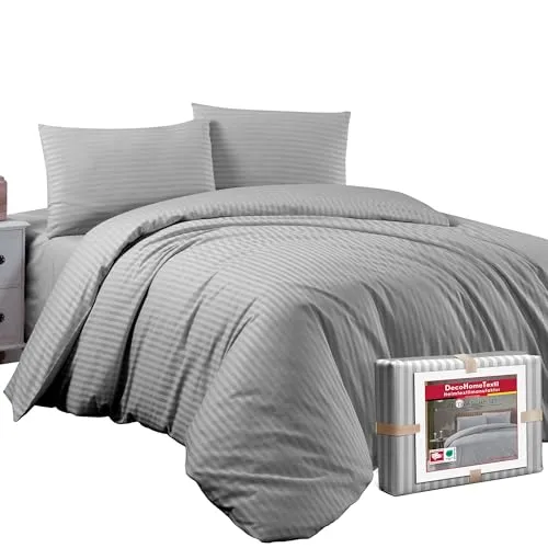DecoHomeTextil Bettwäsche Set Bettgarnitur mit Reißverschluss Polycotton Streifen Hellgrau 1x Bettbezug 200 x 220 cm + 2X Kissenbezüge 80 x 80 cm