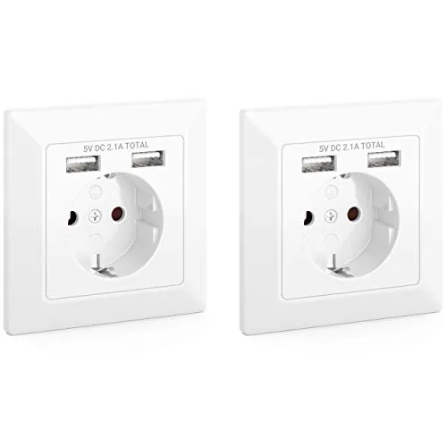 2x Steckdose mit USB - Unterputz Wandsteckdose mit 2x USB Buchsen - Steckdosen & Zubehör: Praktische Unterputz Steckdose mit 2x USB Ports (2.1A Gesamt) zum gleichzeitigen Laden von Geräten und Schutzkontakt.