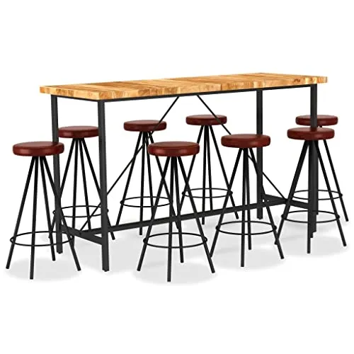 vidaXL Akazienholz Massiv Bar Set 9-TLG. Stehtisch Bartisch Bistrotisch Küchentisch Barhocker Tresen Barstuhl Theke Set Bartresen Küchenbar Echtleder